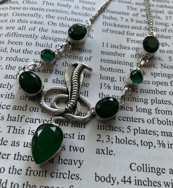 silver plated serpent necklace with Green Onyx stones
