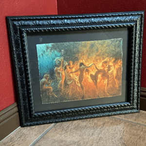 Nude nymphs dancing to Pans flute around the fire